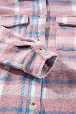 Fashion Dear-Lover Plaid Print Color Block Collared Flap Pockets Loose Shacket Pink