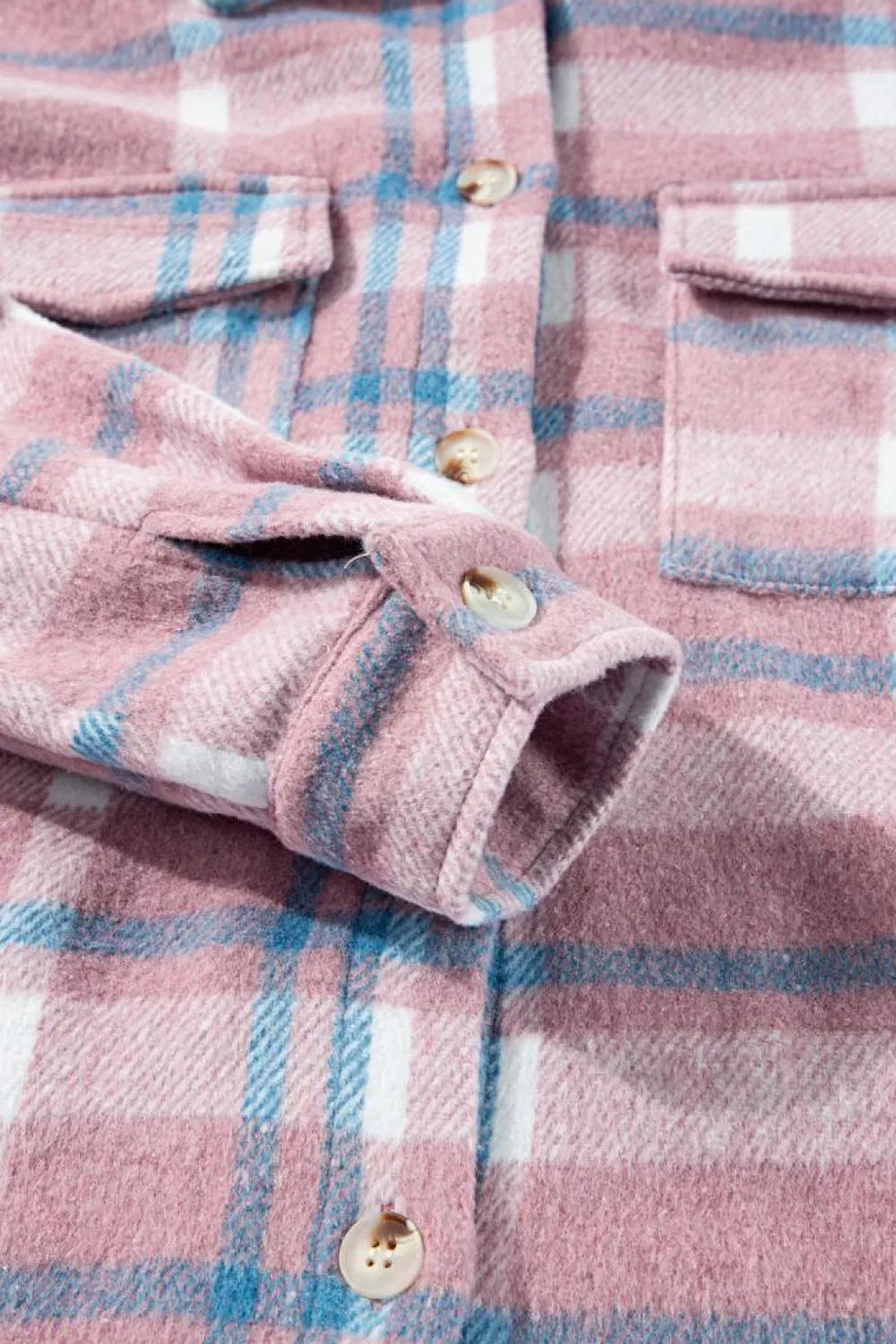 Fashion Dear-Lover Plaid Print Color Block Collared Flap Pockets Loose Shacket Pink