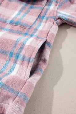Fashion Dear-Lover Plaid Print Color Block Collared Flap Pockets Loose Shacket Pink