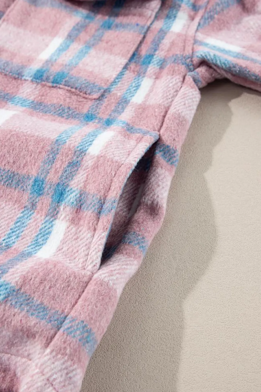 Fashion Dear-Lover Plaid Print Color Block Collared Flap Pockets Loose Shacket Pink