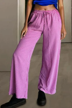 Online Dear-Lover Plaid Print Drawstring High Waist Wide Leg Casual Pants Pink