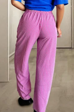 Online Dear-Lover Plaid Print Drawstring High Waist Wide Leg Casual Pants Pink