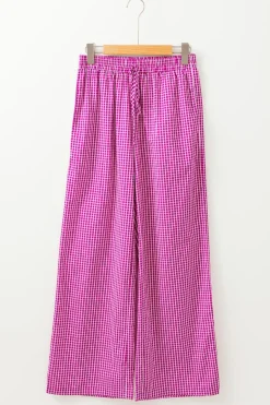Online Dear-Lover Plaid Print Drawstring High Waist Wide Leg Casual Pants Pink