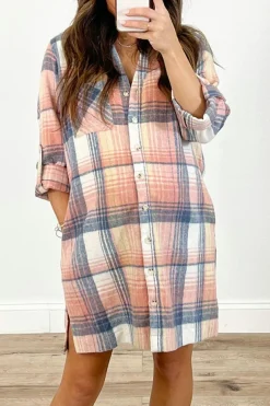 Discount Dear-Lover Plaid Roll-tab Sleeve Side Slit Shirt Dress Pink