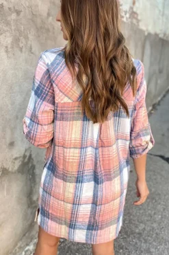 Discount Dear-Lover Plaid Roll-tab Sleeve Side Slit Shirt Dress Pink