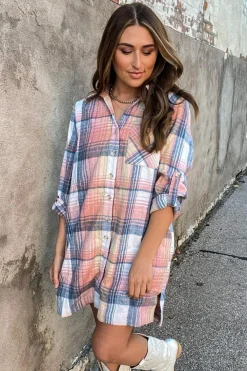 Discount Dear-Lover Plaid Roll-tab Sleeve Side Slit Shirt Dress Pink