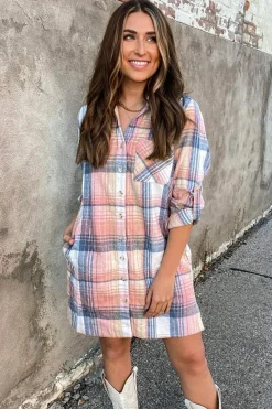 Discount Dear-Lover Plaid Roll-tab Sleeve Side Slit Shirt Dress Pink