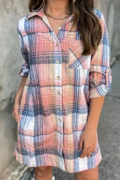 Discount Dear-Lover Plaid Roll-tab Sleeve Side Slit Shirt Dress Pink