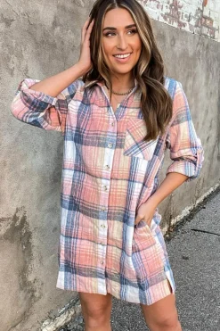 Discount Dear-Lover Plaid Roll-tab Sleeve Side Slit Shirt Dress Pink
