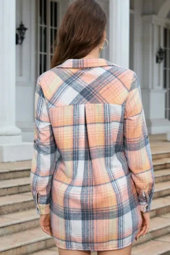 Discount Dear-Lover Plaid Roll-tab Sleeve Side Slit Shirt Dress Pink