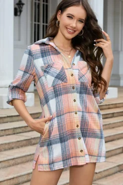 Discount Dear-Lover Plaid Roll-tab Sleeve Side Slit Shirt Dress Pink