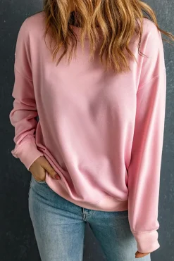 Outlet Dear-Lover Plain Crew Neck Pullover Sweatshirt Pink