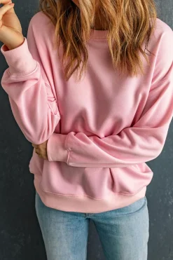 Outlet Dear-Lover Plain Crew Neck Pullover Sweatshirt Pink