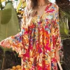 Discount Dear-Lover Plant Print Flared Sleeve Ruffled Hem Tunic High Waist Flowy Dress Pink