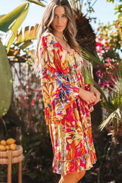 Discount Dear-Lover Plant Print Flared Sleeve Ruffled Hem Tunic High Waist Flowy Dress Pink