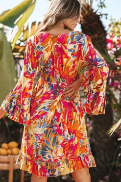 Discount Dear-Lover Plant Print Flared Sleeve Ruffled Hem Tunic High Waist Flowy Dress Pink