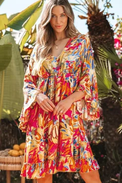 Discount Dear-Lover Plant Print Flared Sleeve Ruffled Hem Tunic High Waist Flowy Dress Pink
