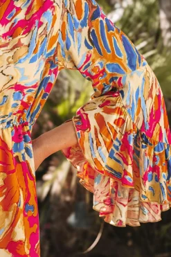 Discount Dear-Lover Plant Print Flared Sleeve Ruffled Hem Tunic High Waist Flowy Dress Pink