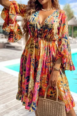 Discount Dear-Lover Plant Print Flared Sleeve Ruffled Hem Tunic High Waist Flowy Dress Pink