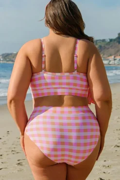 New Dear-Lover Plus Size Plaid Print High Waist Bikini Set Pink