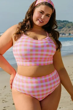 New Dear-Lover Plus Size Plaid Print High Waist Bikini Set Pink