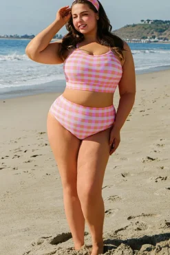 New Dear-Lover Plus Size Plaid Print High Waist Bikini Set Pink