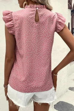 Discount Dear-Lover Polka Dots Ruffle Flutter Sleeve Frilled Neck Blouse Pink