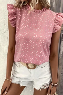 Discount Dear-Lover Polka Dots Ruffle Flutter Sleeve Frilled Neck Blouse Pink