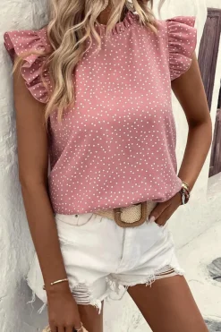 Discount Dear-Lover Polka Dots Ruffle Flutter Sleeve Frilled Neck Blouse Pink