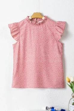 Discount Dear-Lover Polka Dots Ruffle Flutter Sleeve Frilled Neck Blouse Pink