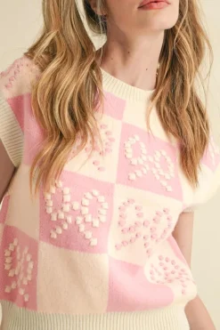 Discount Dear-Lover Preppy Bow Detail Checkered Sweater Vest Pink