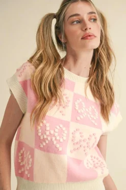 Discount Dear-Lover Preppy Bow Detail Checkered Sweater Vest Pink