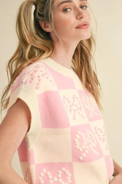 Discount Dear-Lover Preppy Bow Detail Checkered Sweater Vest Pink