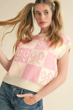 Discount Dear-Lover Preppy Bow Detail Checkered Sweater Vest Pink