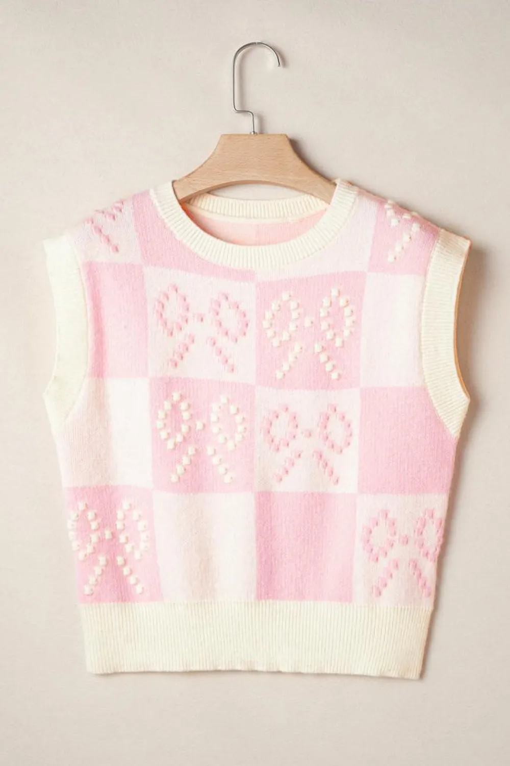 Discount Dear-Lover Preppy Bow Detail Checkered Sweater Vest Pink