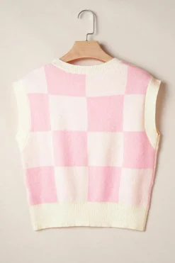 Discount Dear-Lover Preppy Bow Detail Checkered Sweater Vest Pink