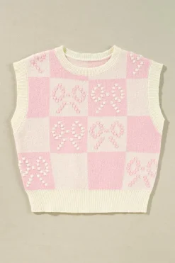 Discount Dear-Lover Preppy Bow Detail Checkered Sweater Vest Pink
