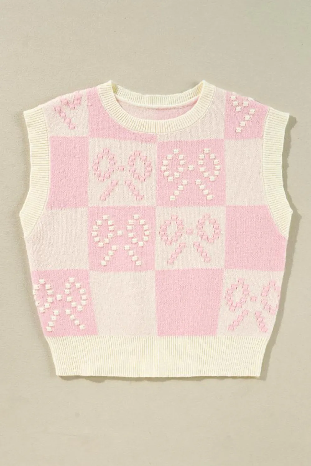 Discount Dear-Lover Preppy Bow Detail Checkered Sweater Vest Pink