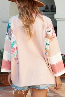 Sale Dear-Lover Pinstriped Color Block Patchwork Oversized Top Pink Printed
