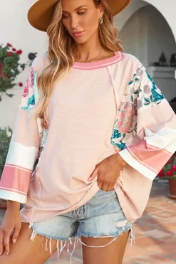 Sale Dear-Lover Pinstriped Color Block Patchwork Oversized Top Pink Printed