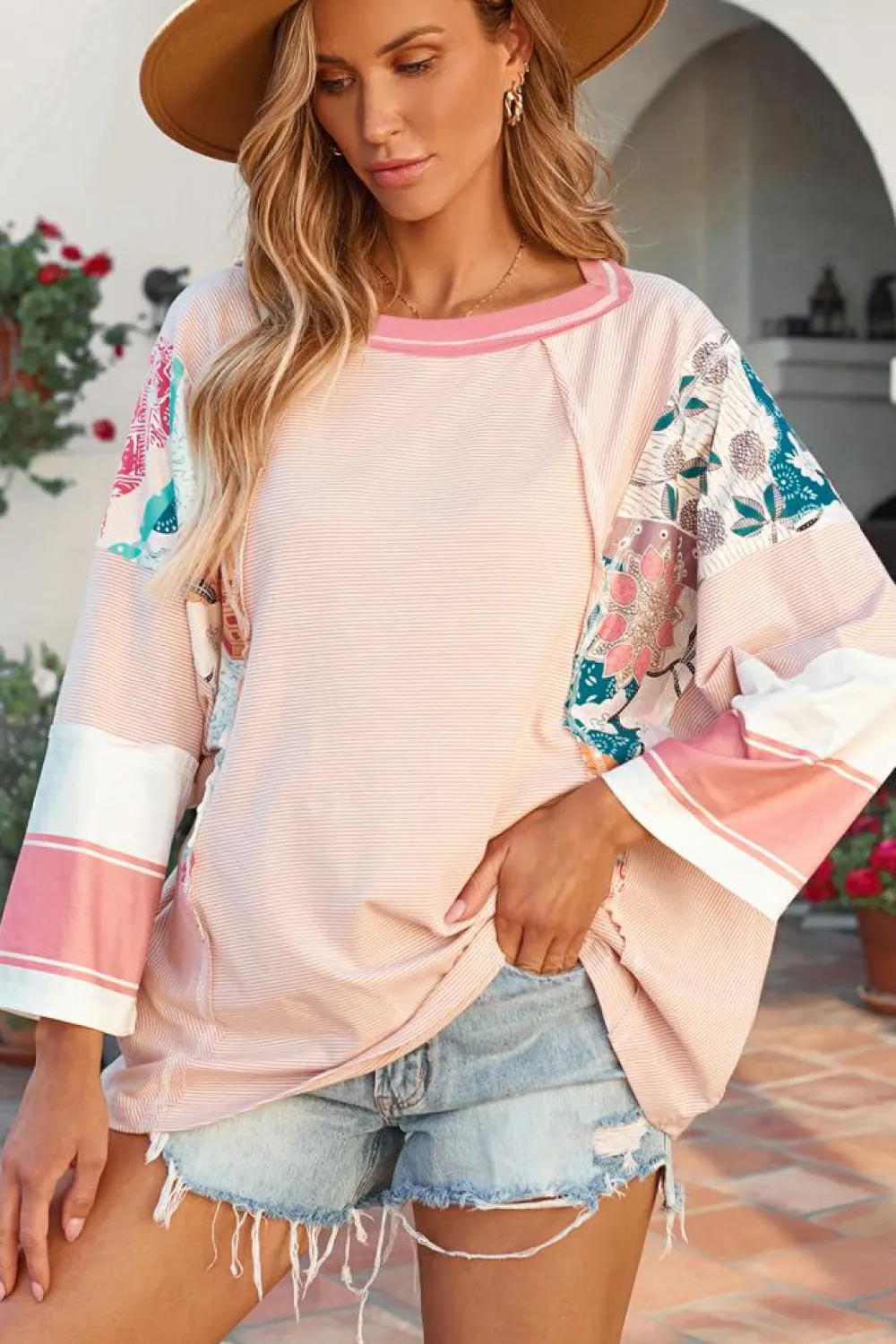 Sale Dear-Lover Pinstriped Color Block Patchwork Oversized Top Pink Printed