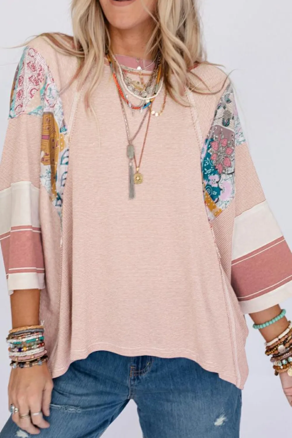 Sale Dear-Lover Pinstriped Color Block Patchwork Oversized Top Pink Printed