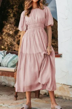 Discount Dear-Lover Puff Sleeve Pleated High Waist Flowy Midi Dress Pink