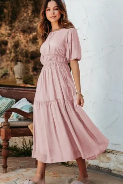 Discount Dear-Lover Puff Sleeve Pleated High Waist Flowy Midi Dress Pink