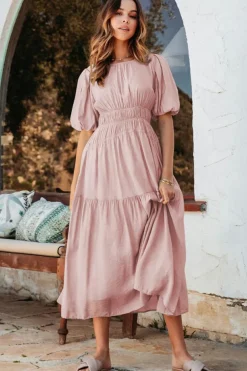 Discount Dear-Lover Puff Sleeve Pleated High Waist Flowy Midi Dress Pink