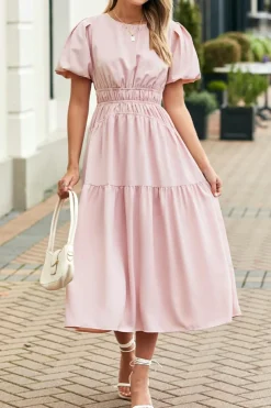 Discount Dear-Lover Puff Sleeve Pleated High Waist Flowy Midi Dress Pink