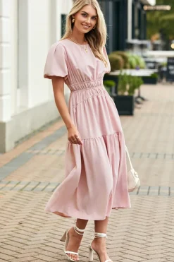 Discount Dear-Lover Puff Sleeve Pleated High Waist Flowy Midi Dress Pink