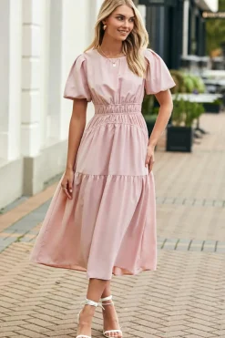 Discount Dear-Lover Puff Sleeve Pleated High Waist Flowy Midi Dress Pink