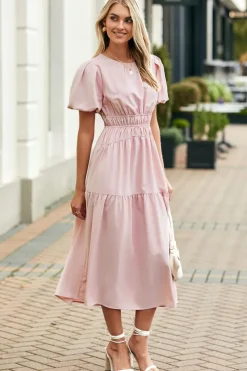 Discount Dear-Lover Puff Sleeve Pleated High Waist Flowy Midi Dress Pink