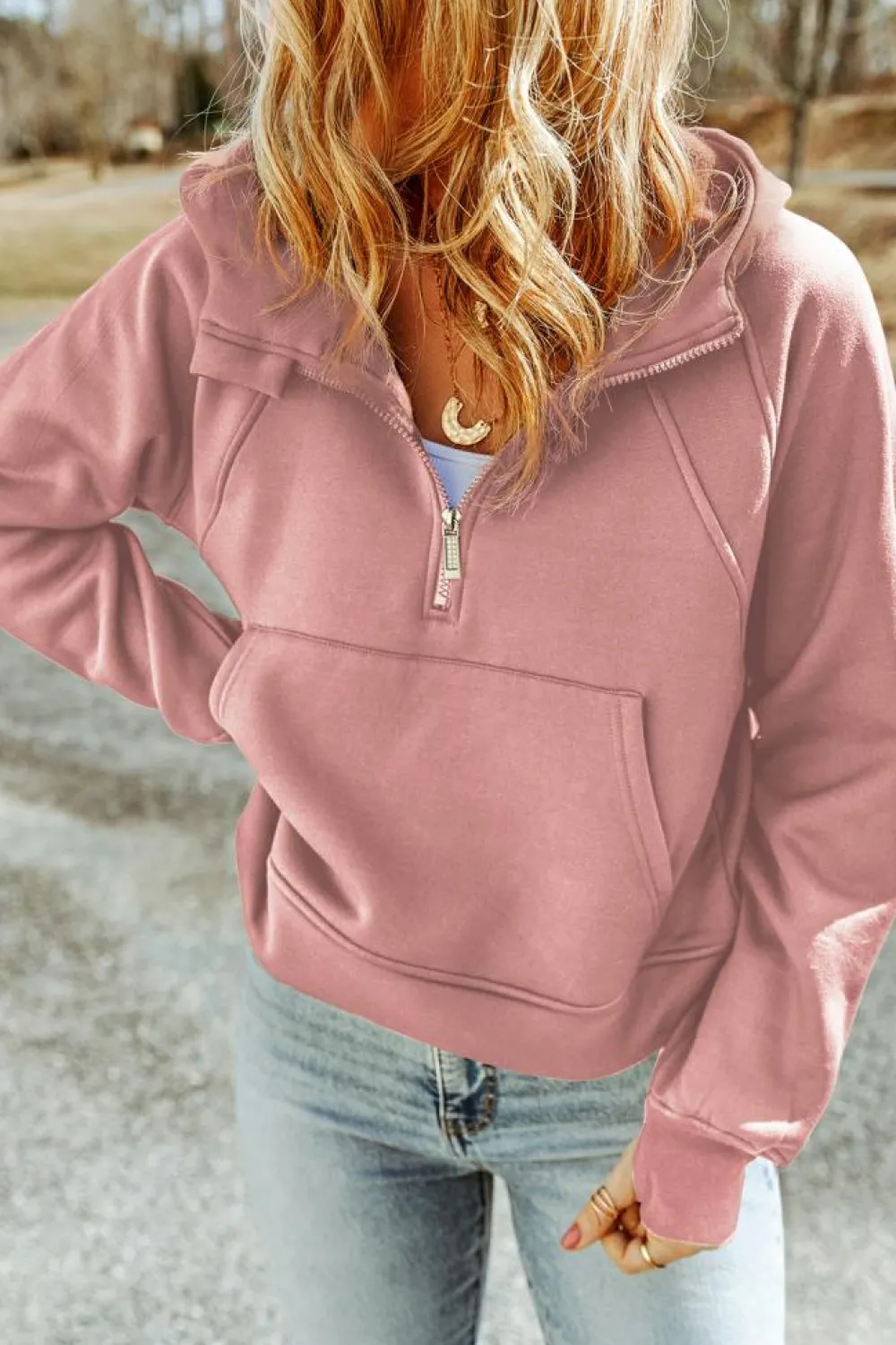 Clearance Dear-Lover Quarter Zip Kangaroo Pocket Hoodie Pink